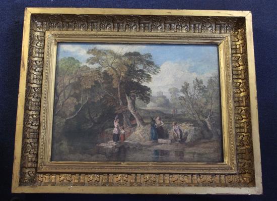 19th century English School Landscape with women beside a spring 13.5 x 18.5in.